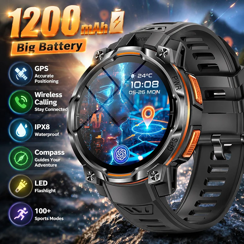 New smart sports watch, 1200mAh large capacity battery, GPS tracking, IPX8 waterproof, wireless communication, altimeter compass