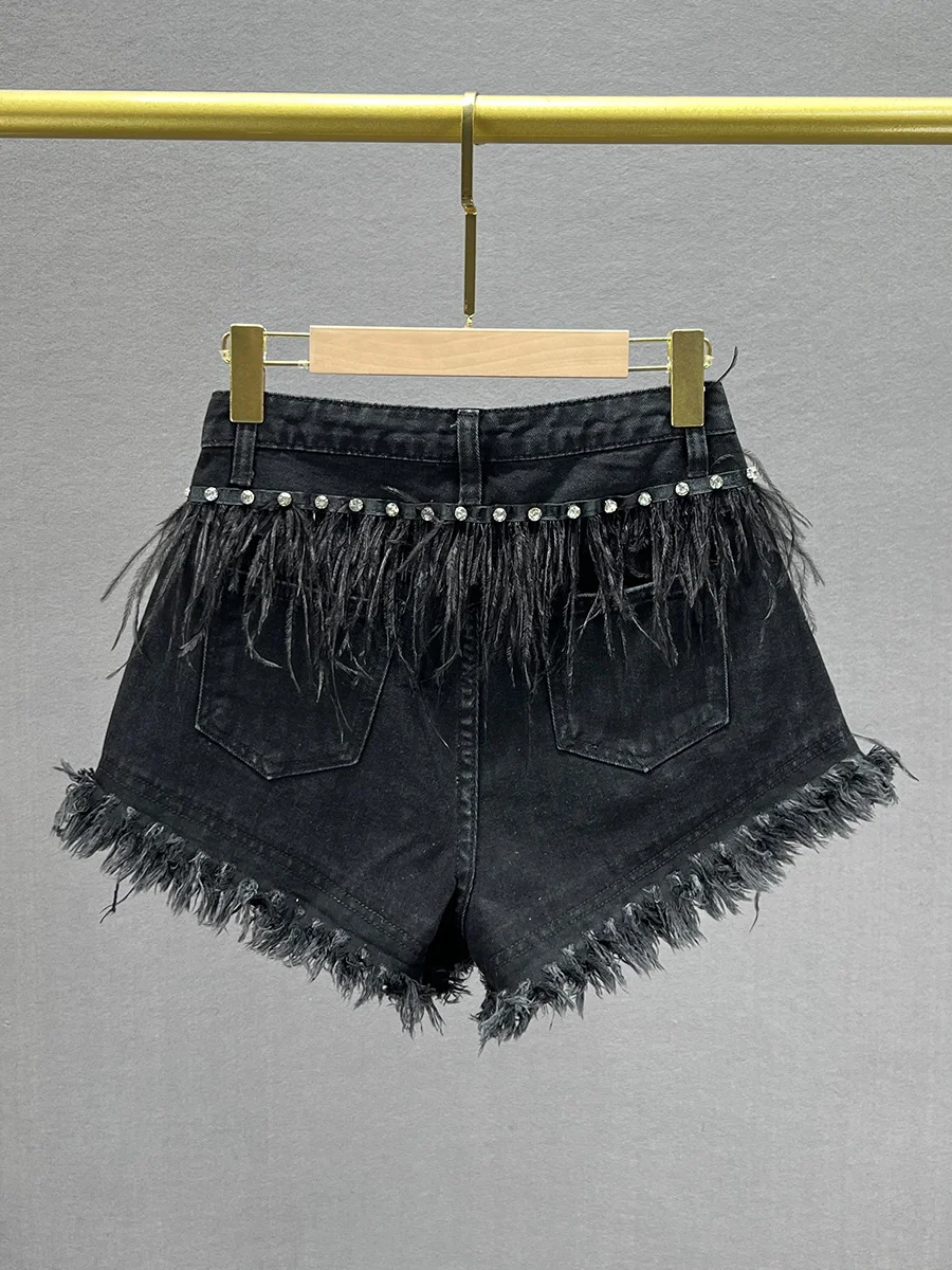 Exquisite Rhinestone Black Denim Shorts Women's Trendy 2024 New Summer High Waist Slimming Tassel Wide-Leg Trousers Hot Pants