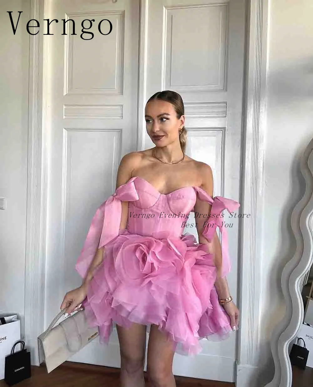 Verngo Pink Mini Prom Gowns Sweetheart Off The Shoulder Short Evening Dress Organza Simpel Party Dress Formal Gowns