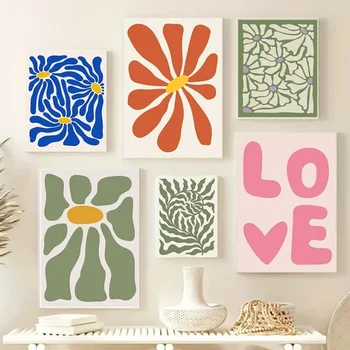 Poster Artistico con Fiori Astratti, Quadro su Tela Decorativo, Murale Boho per Arredamento Soggiorno