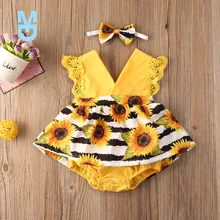 

New Citgeett Summer 0-24M born Baby Girls Bodysuit Dress Sunflowers Print Lace Sleeve Jumpsuits Headband Tutu Skirts 2pcs