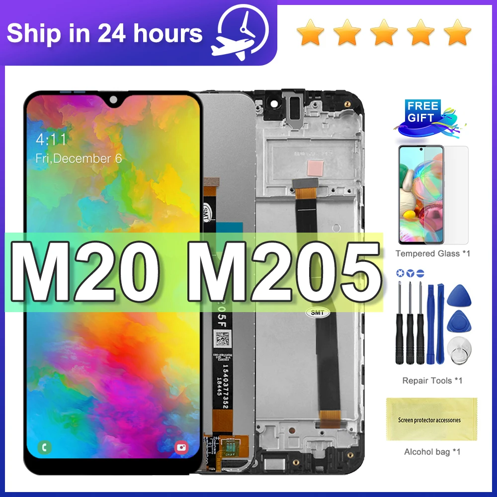 100% протестированный сенсорный ЖК-экран с дигитайзером в сборе для Samsung M20 M205 M205F, ЖК-дисплей с рамкой