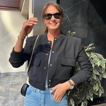 سترة نسائية منفوخة من HXAO سترات ديمي الموسم بأكمام طويلة ملابس خارجية مقصوصة باللون البيج والأسود سترة طيار بأزرار للنساء 3