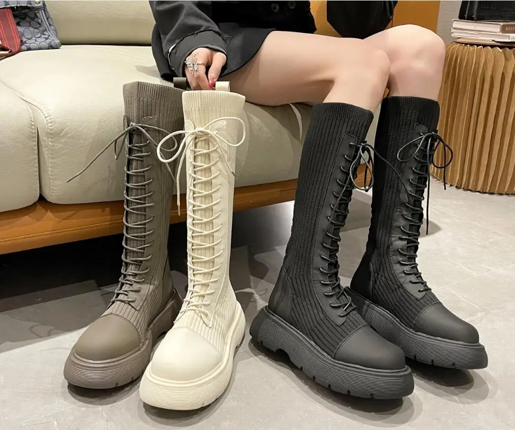 New Woman Knee High Boots Fashion Knitted stretch boots women Ladies Elegant Thick Bottom Long Boots Shoes Winter Women's Boots