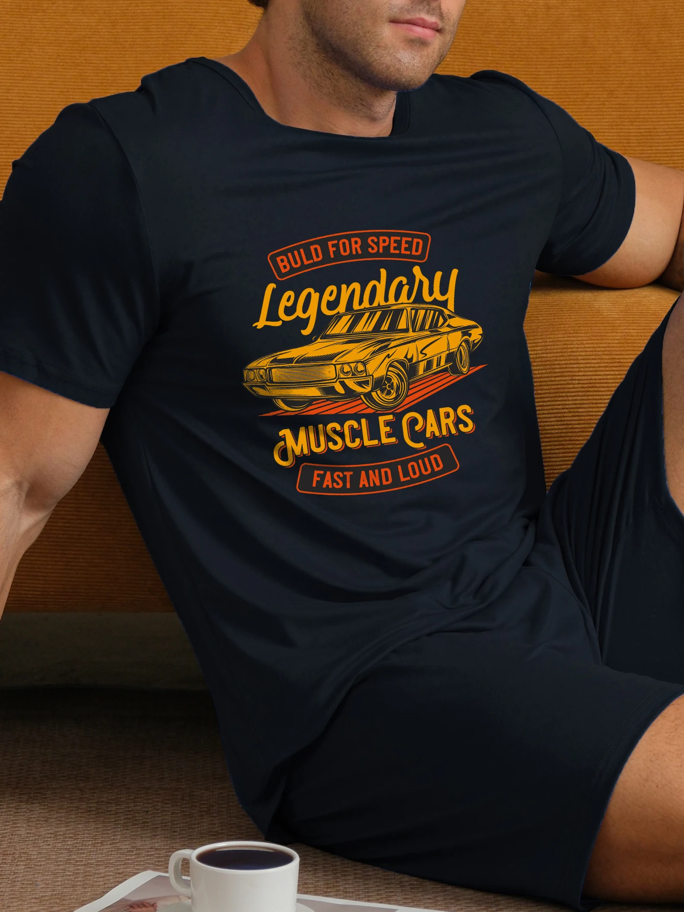 2-piece men's sleepwear fashion letter car print round neck short sleeved top and shorts pajama set suitable for summer wear