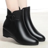 New Autumn Winter Warm Short Boots Women Black Solid Ankle Boots For Heel Zip Point Toe Fleece Wedge Mother Cotton Shoes - Image 4