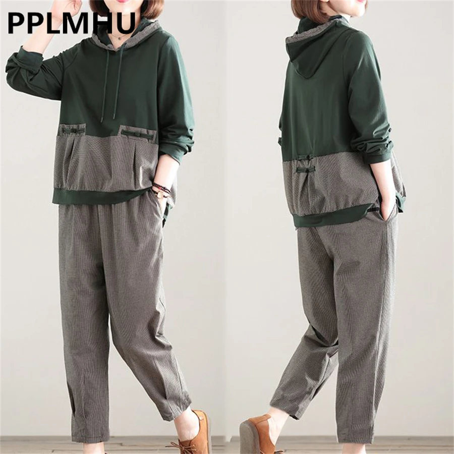 

Korean Plaid Patchwork For 95KG Casual Sets Spring Loose Hooded Sweatshirt Outfits Straight Capris Pants Oversize 5xl Tracksuit