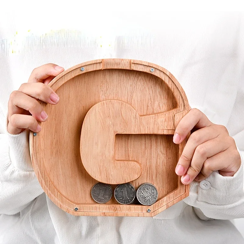 Twenty-six Letter Piggy Bank Wooden Coin Money Saving Box Jar Coins Storage Box Desktop Ornament Home Decor Crafts Xmas Gift 3