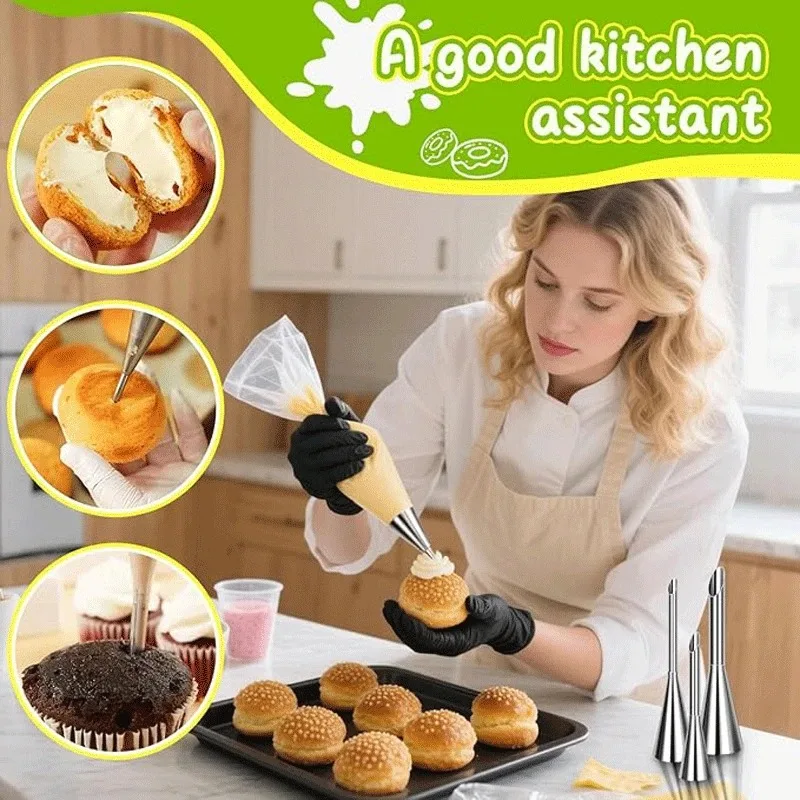 3Pc Cream Piping Nozzle Stainless Steel Long Puff Cake Donuts, Pastries, Syringes, Cakes, Desserts, Baking Accessories