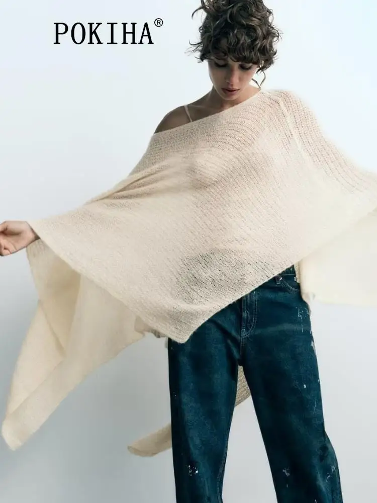 

Pokiha Fashion Women New Elegant Asymmetrical O-neck Knitted Cape Coat Vintage Casual Long Sleeve Blouses Female Chic Tops