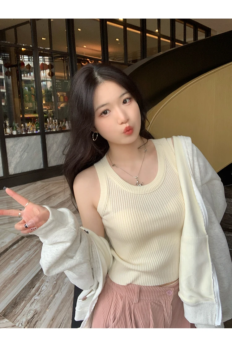 2026 Spring Summer Slim Fit All-Match Crop Top Women Tank Top Knit Camisole Solid Color Inner Wear Base Top