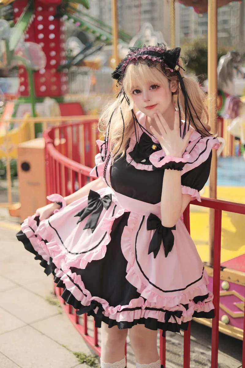 Anime Gothic Lolita JSK Kleid Kurzarm Kawaii Bow Maid Cosplay Harajuku Cute Pink Black 5