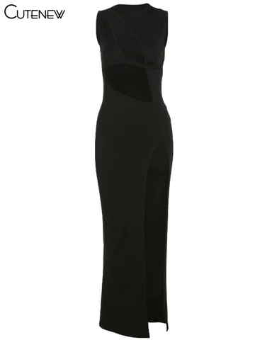 Sexy Hollow Out Round Neck Skinny Maxi Dress Women Fashion Solid Sleeveless High Split Stretchy Slim Lady Party Clubwear