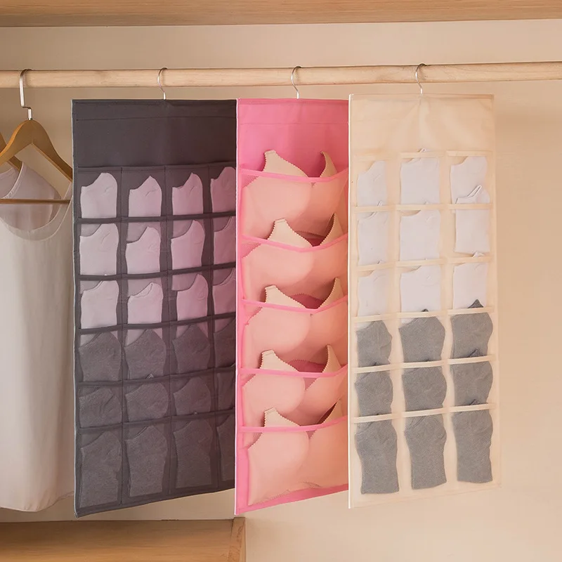 Beige Bedroom Closet Underwear Storage Bag Household Wall-Hanging Double-Sided Storage Fabric Bra Socks Briefs Organizer Rack 3