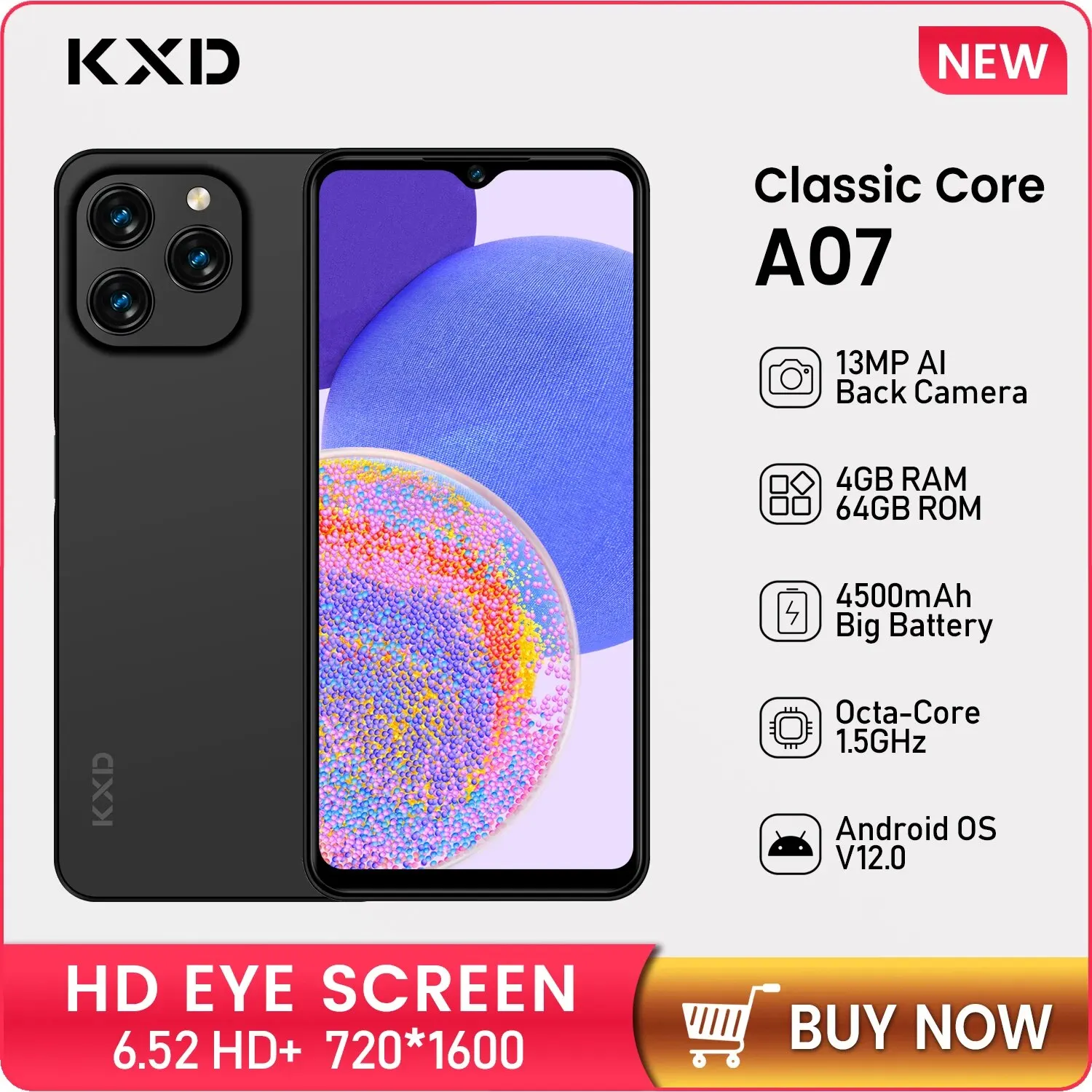 Kxd A07 Smartphone 6.52 ''Hd + Schermo Android 12 4Gb + 64Gb Octa-Core Cellulare 13Mp Fotocamera 4500Mah 10W Ricarica Rapida Cellulare