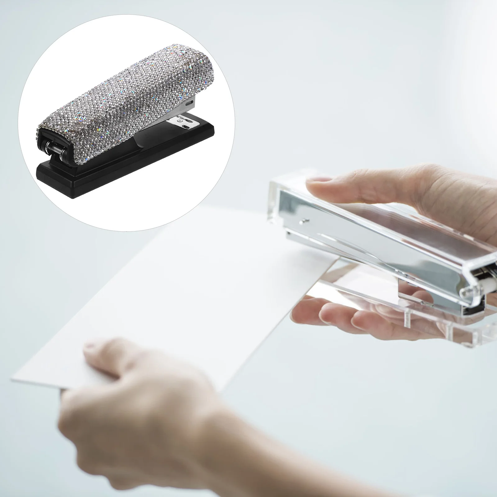 1Set White Rhinestone Diamond Stapler Office Desk Paper Hand Classroom Heavy Duty Portable Metal Stationery Tool Creative