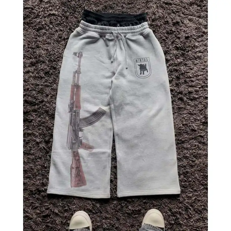 Graue übergroße Jogginghose für Herren mit AK-47-Aufdruck, 2025, neue Streetwear, lockere Hose mit weitem Bein, Hip-Hop-Modehose