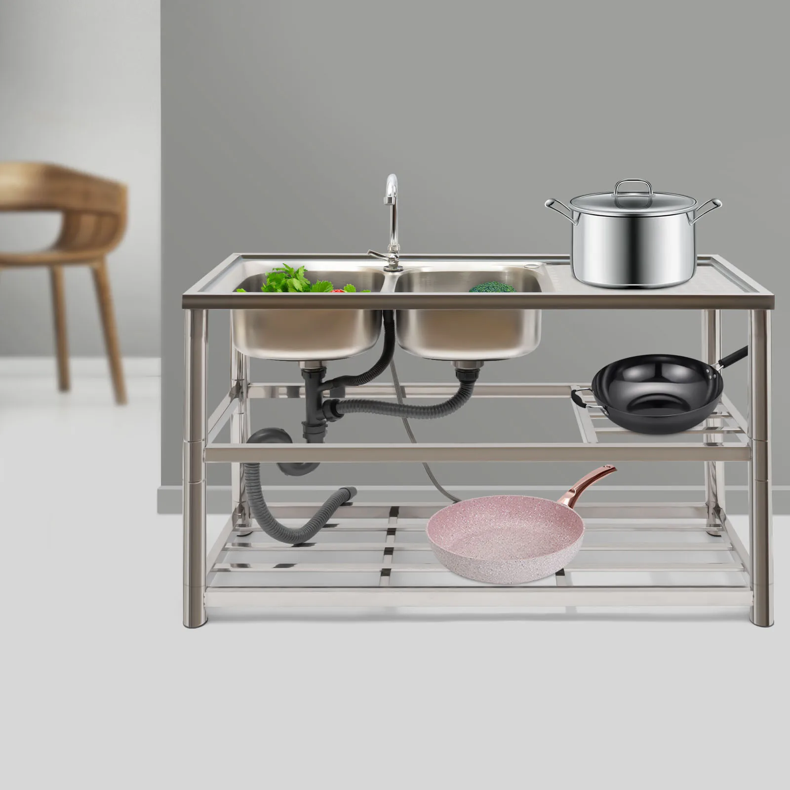 Free Standing Stainless-Steel Double Bowl Commercial Restaurant Kitchen Sink Set w/Faucet & Drainboard