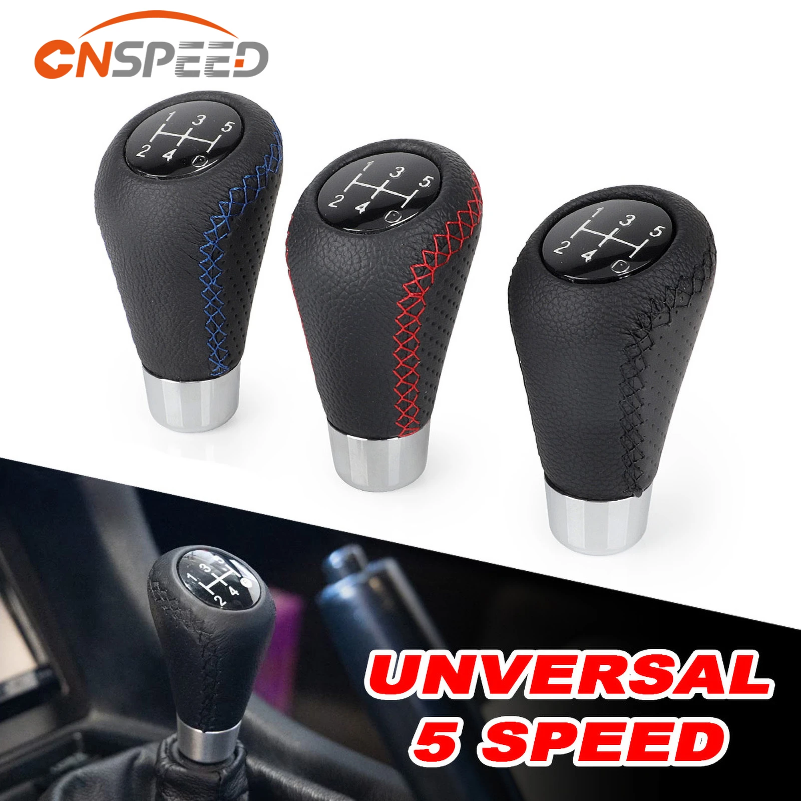 Universal 5 Speed Gear Shift Knob Manual Leather Red Stitch M8 M10 M11