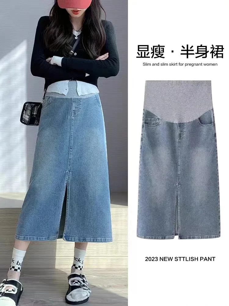 Splits Leg Stretch Denim Skirts for Maternity Spring Summer Elastic Waist Pencil Bottoms for Pregnant Women y2k Youth Pregnancy