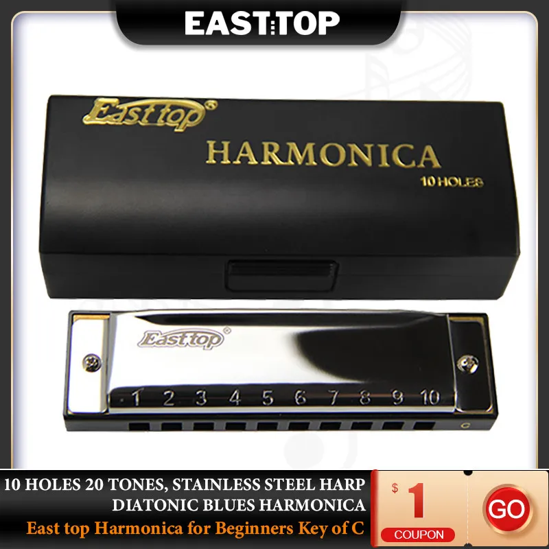 

EASTTOP T10-3 10 Holes 20 Tones Stainless Steel Harp Diatonic Blues Harmonica Key Of C For Adults Kids Players