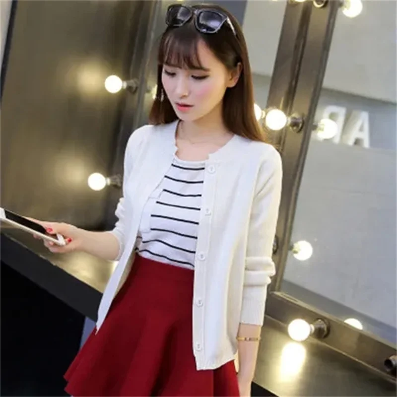 

Solid Color Knitted for Women Cardigan Korean Single Breasted Long Sleeve Jumper Woman Round Neck All Match Cardigans Outwear