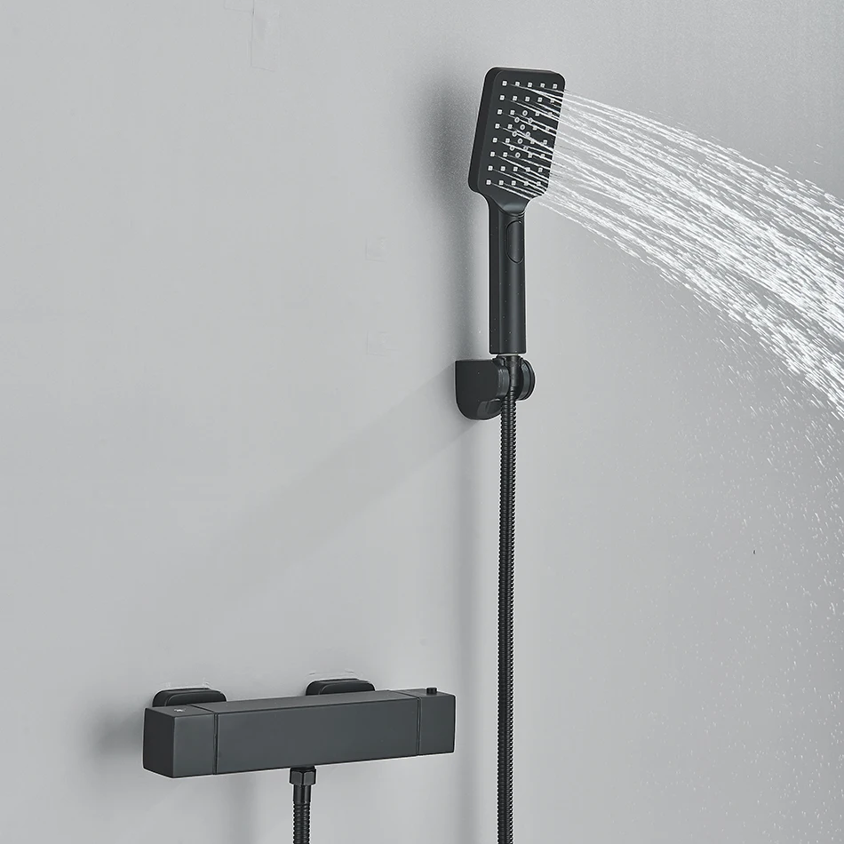 Thermostatic Shower Set Black/Chrome Brass Wall Mounted Bathroom Shower Thermostat Mixer Valve Handle Spray Bathroom Accessories 3