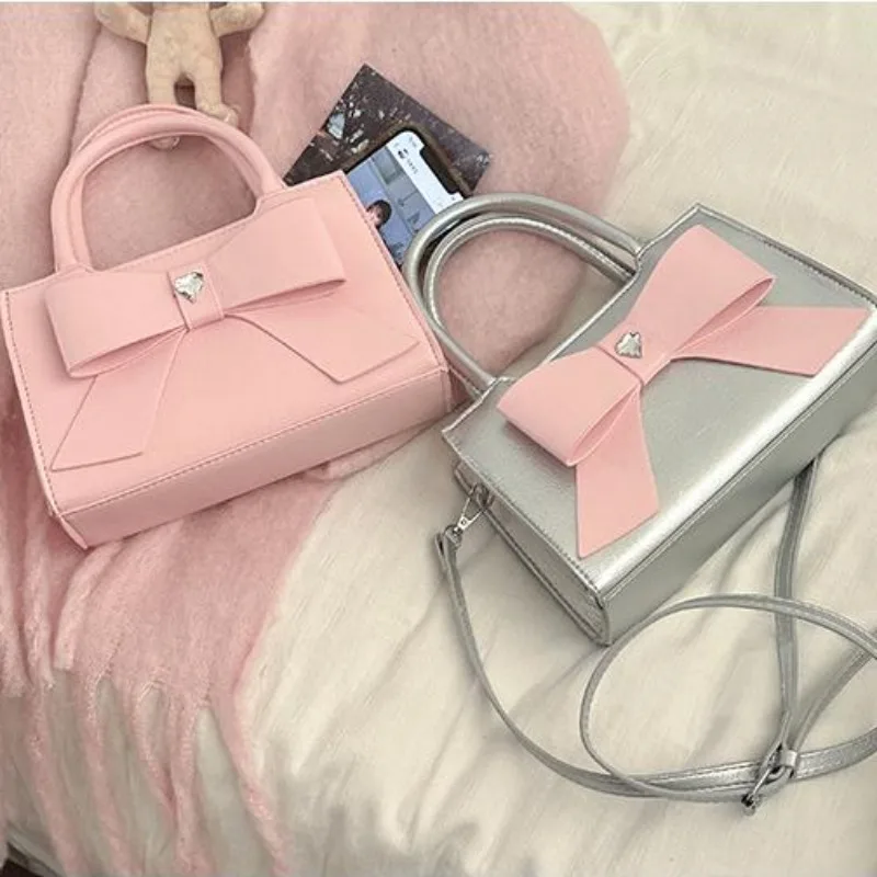 MBTI Pink Womens Handbag Cute Bow Small Pu Leather Fashion Elegant Casual Shoulder Bag Literary Advanced Female Crossbody Bag
