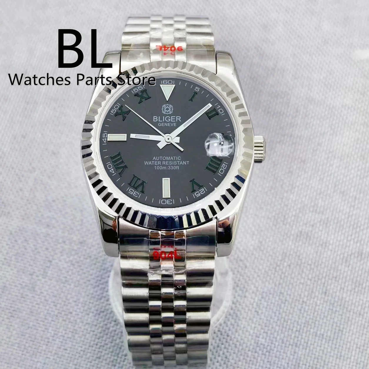 BLIGER 36mm/39mm Watch For Men Grey Dial Green Roman Numbers NH35 Automatic Self-WindMechanical Wristwatches Sapphire Glass Date