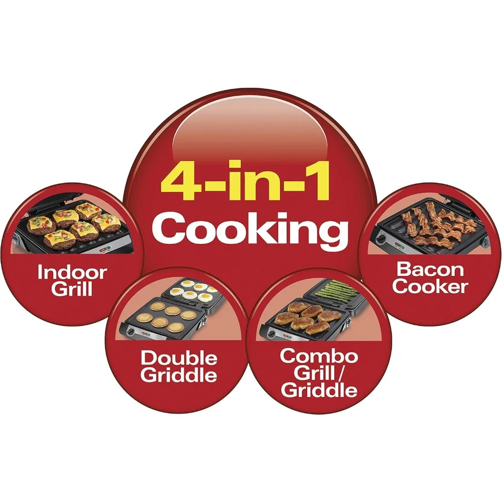 4-in-1 Indoor Grill & Electric Griddle Combo with Bacon Cooker,Opens Flat to Double Cooking Surface,Removable Nonstick Plates 2