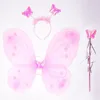 Kids Butterfly Headband Wings Wand 3 Pcs Set Girls Summer Photography Outfit Children Silk Yellow Green Purple Pink Color Props 1