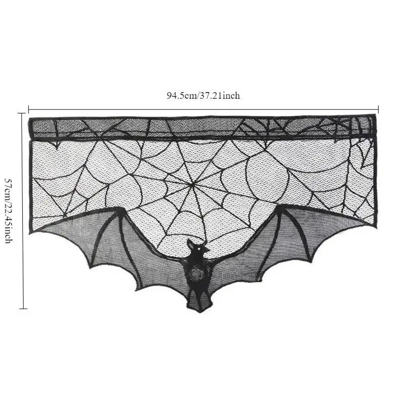 New Halloween Lace Curtain Gothic Bat Tablecloth Fireplace Scarf Window Cover For Party Home Decoration Cobweb Halloween