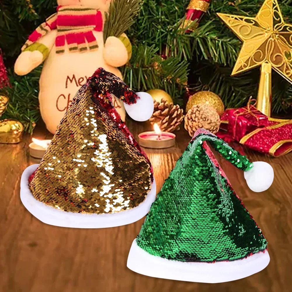 New Christmas Gold Paillette Christmas Hat Green Paillette Plush Hat Holiday Props Adjustable