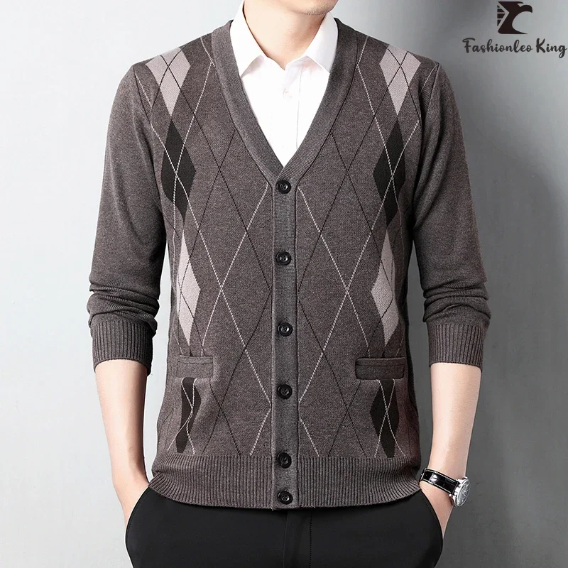 남성용 스트라이프 V넥 긴팔 가디건, 싱글 브레스트 재킷, 스웨터 코트, 가을, 겨울