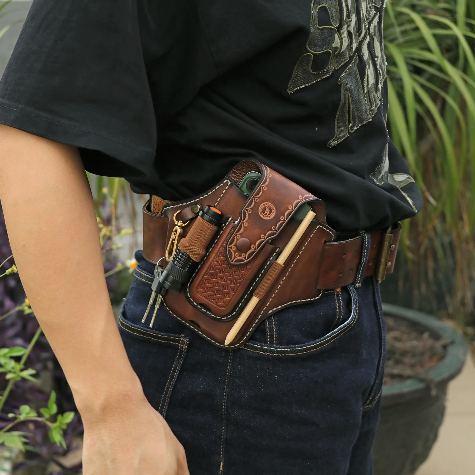 Tourbon Leather Double layer Folding Knife Sheath EDC Pocket