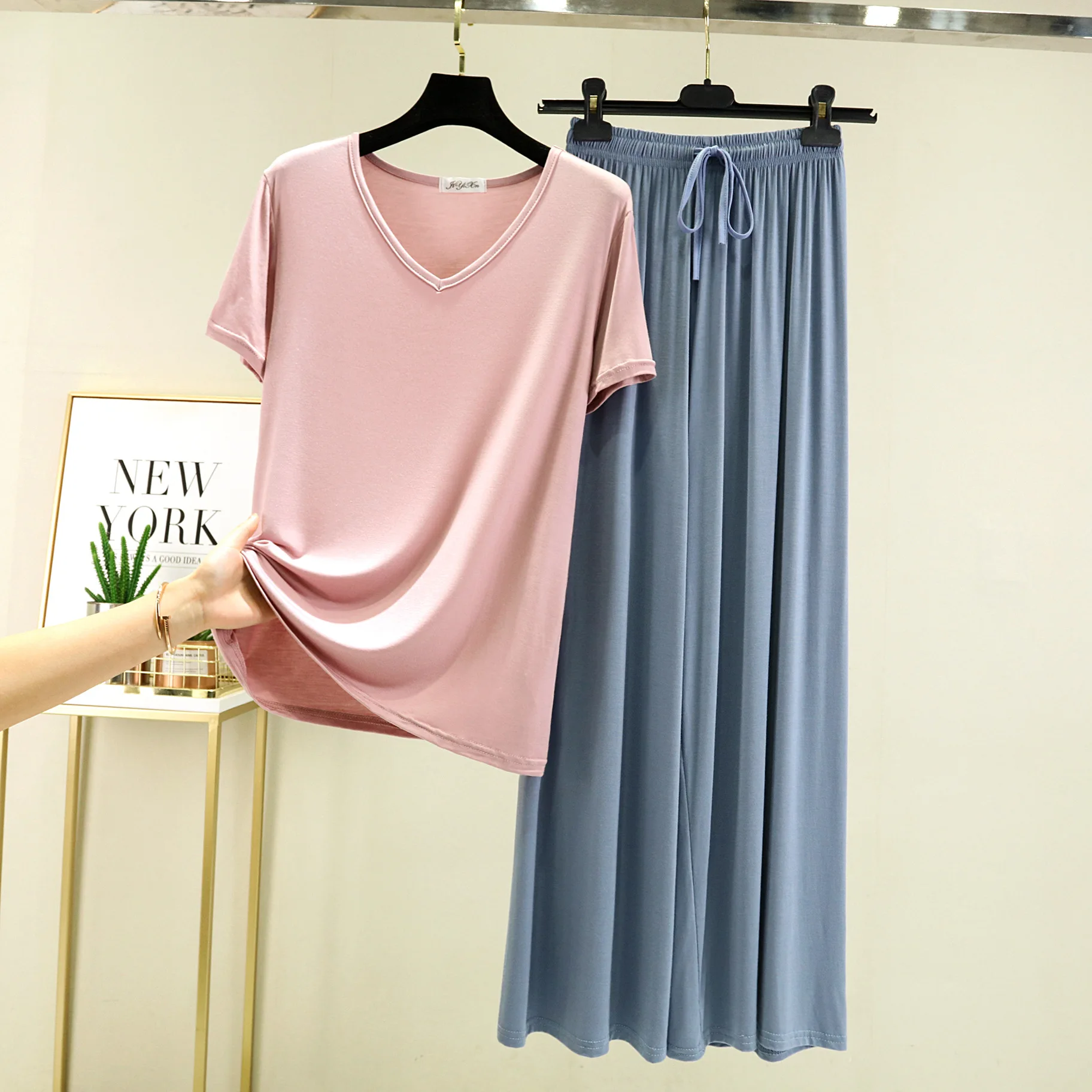 Modal Homewear Pajamas set Short sleeve Tops and Trousers Solid color Casual Loose Sleepwear suit Plus size Nightwear 2pcs women pajamas set women pajama suit cotton pajamas set