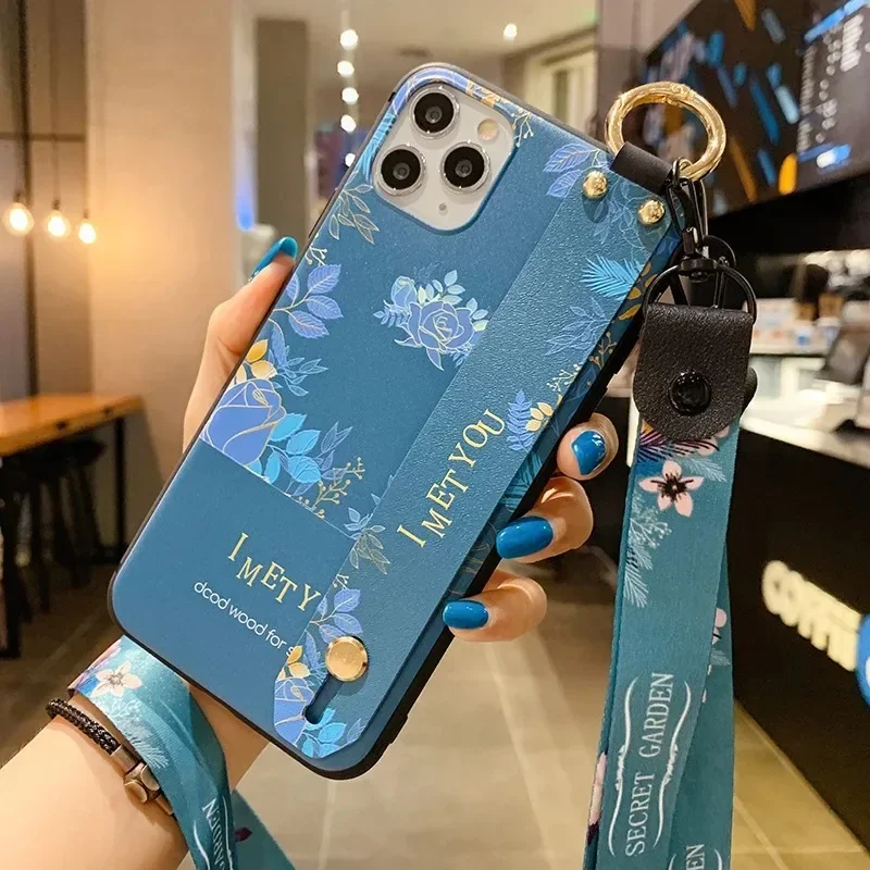 Floral Leaf Lanyard Phone Case with Wrist Strap Holder