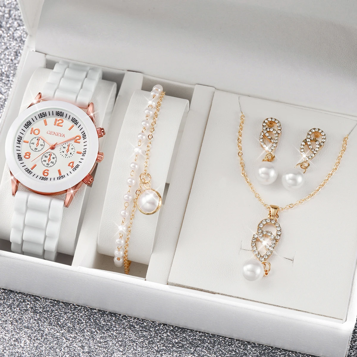4PCS/Set Geneva Watch Pealrs Jewelry Set Fashion Silicone Band Women Quartz Wristwatch Female Casual Clock（Without Box） 2