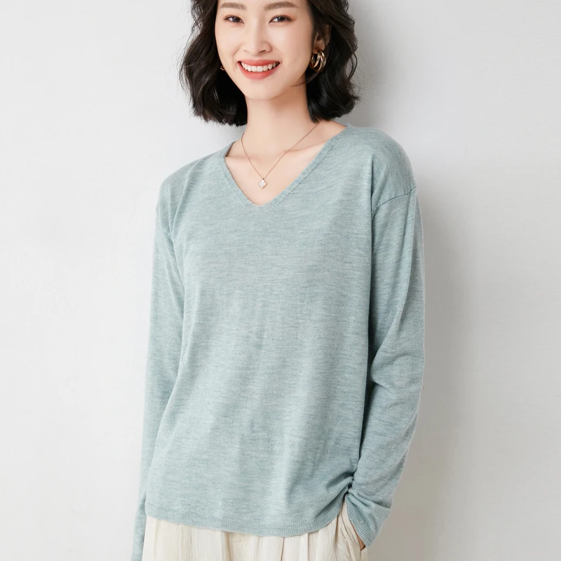 

Простой и тонкий вязаный свитер свободного покроя с V-образным вырезом и длинными рукавами, свитер, внутренний топ, новинка сезона весна-осень 2022, женская верхняя одежда