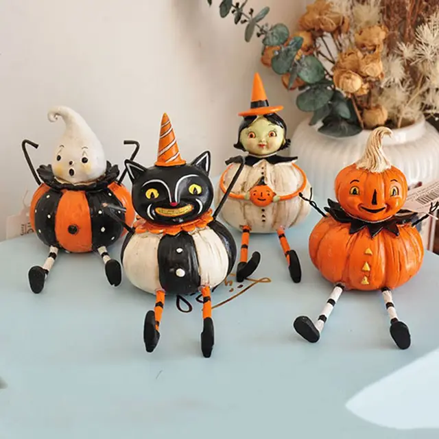 Halloween Dekoráció Macska Sütőtök Szellem Szórakoztató Jelenet Retro Kézzel Készített Festett Fekete Ajándék Szobor Kreatív Gyanta