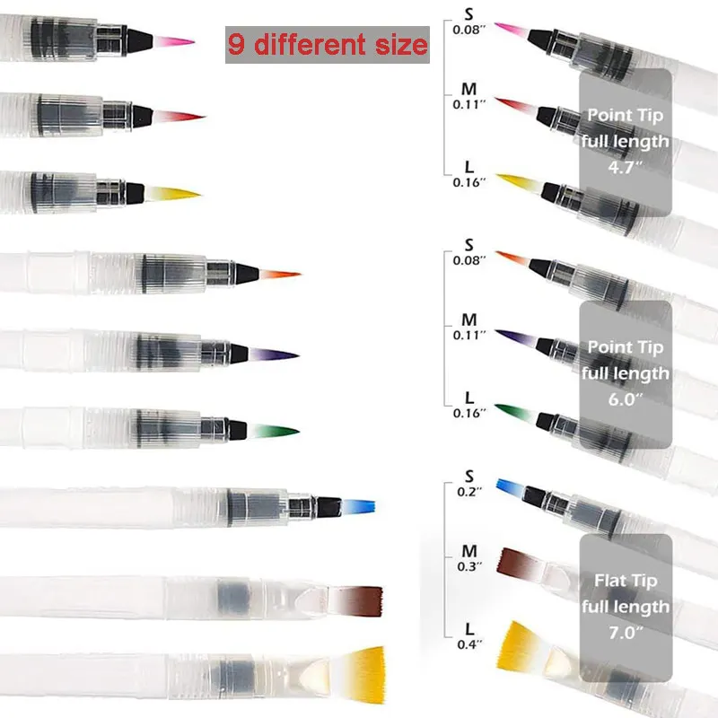 Zestaw pędzle do akwareli 9 szt., rozpuszczalny w wodzie kolorowy pędzle do akwareli ołówkowy dla początkujących lub dzieci, łatwy w użyciu i napełnić malowanie