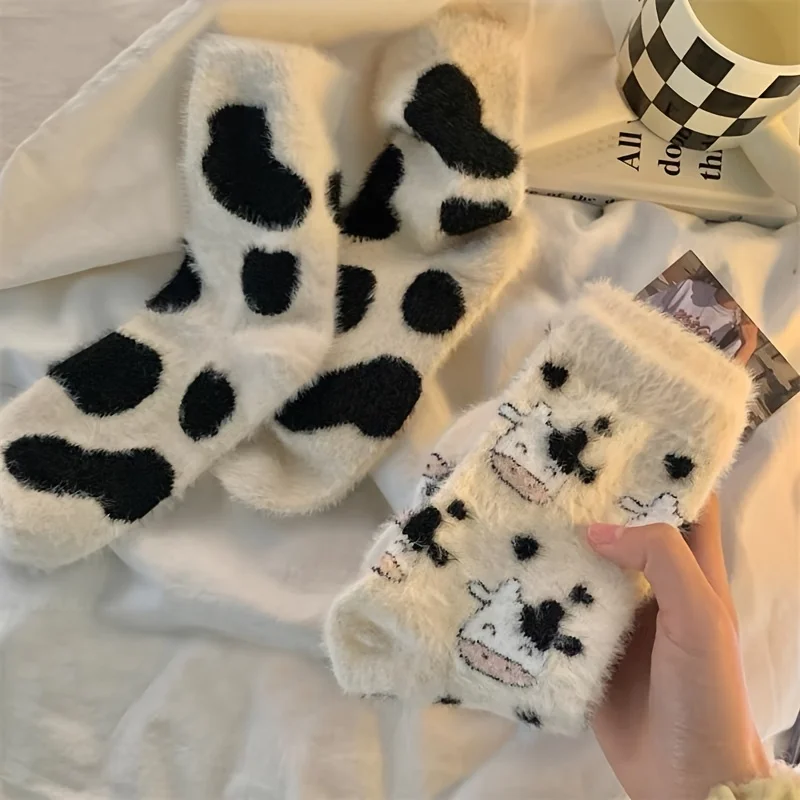 Womens Socks 2 Pairs Cute Cow Spots Print Socks Thickened Warm Coral Fleece Socks Women's Stockings Hosiery