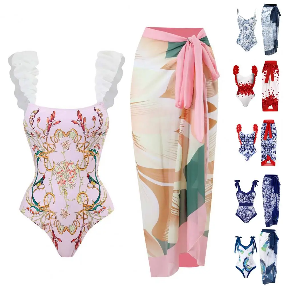 Swimsuit Cover Up Set Floral Printed Women's Bikini Set with Lace-up Cover Up Ruffle Bandage Swimwear 2pcs/set Sexy for Beach