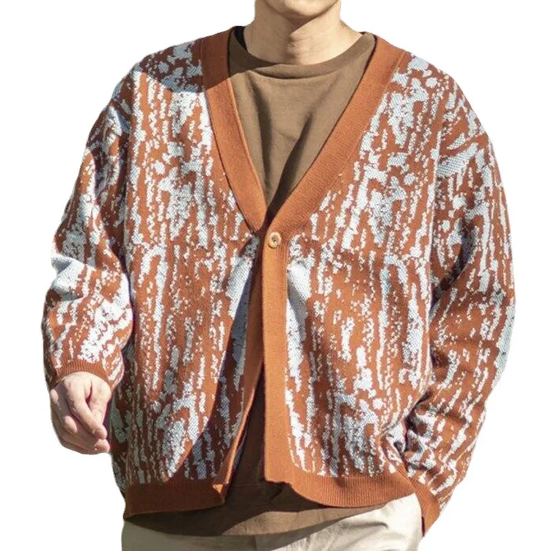 Men's Sweater Cardigan 2023 Autumn-Winter Vintage V-Neck Print Casual Loose Large Size Woolen Coat