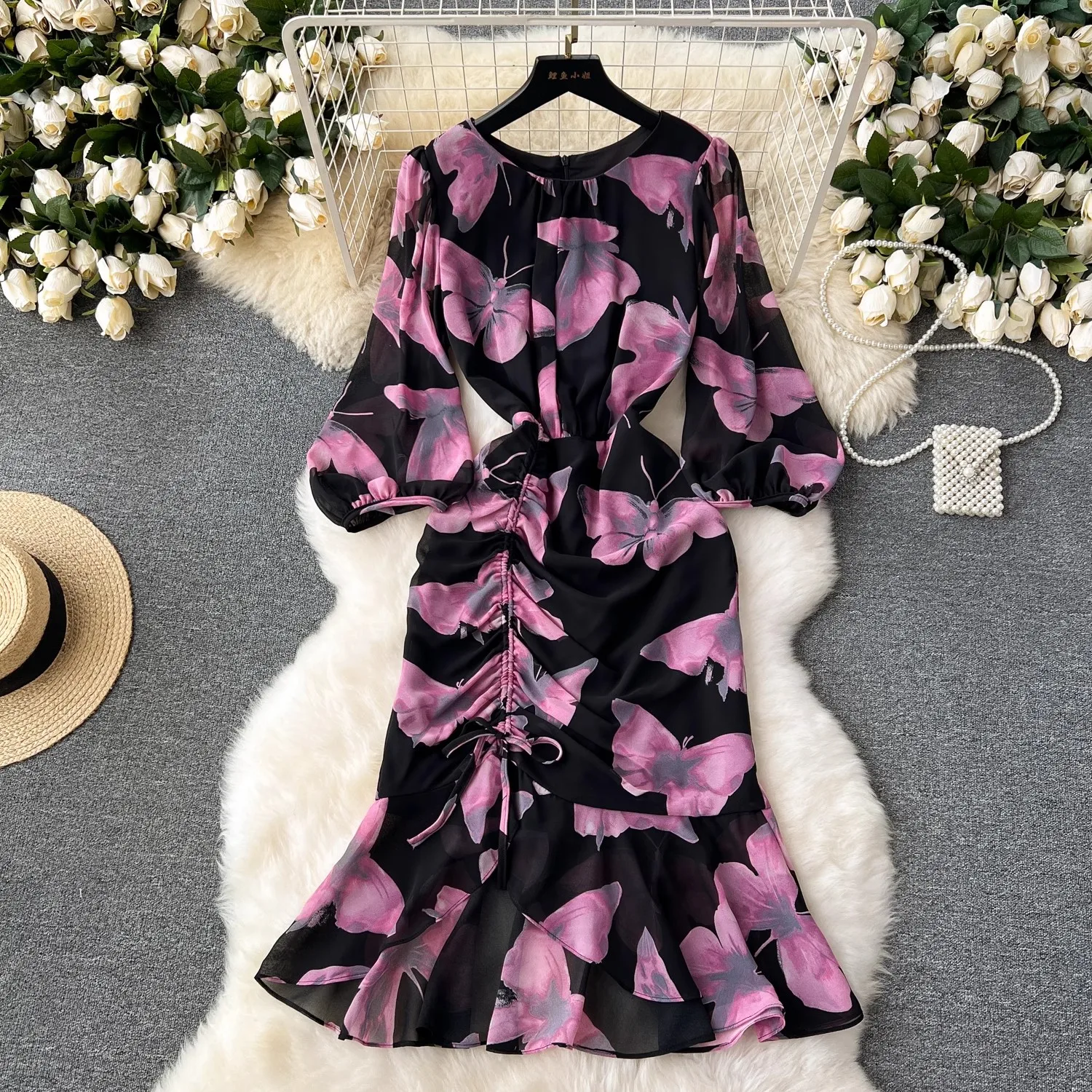 

2024 New French Summer Chiffon Irregular Mermaid Dress Elegant Women O Neck Lantern Sleeve Flower Print Ruffles Slim Party Dress