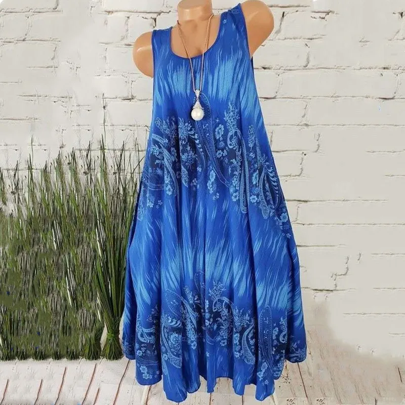 Vestido Largo De Verano Para Mujer De Lino - Estampado Floral, Holgado, Bohemio, Ideal Para Playa Y Diario, Talla Grande