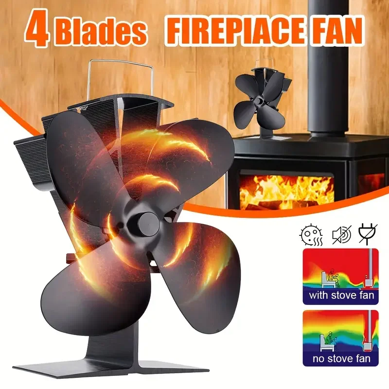 Wood Stove Fan Thermal Powered Silent Motor 4 Blade Non-Electric Thermal Activated Fireplace Fan with Stand and Thermometer