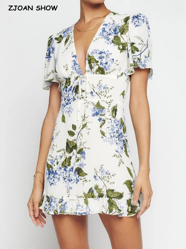 

Женское мини-платье во французском стиле, облегающее платье во французском стиле с принтом весенних листьев, расклешенными рукавами, глубоким V-образным вырезом и подолом с деревянными ушками, лето 2023