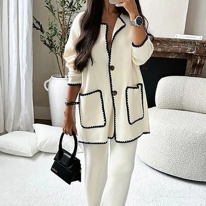 

Women's Loose Fitting Casual Solid Color Pants Set Autumn/Winter Fashion Long Sleeved Top+Micro Flared Pant 2 Piece Sets XS-3XL