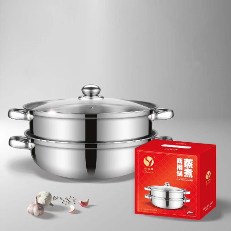 28CM Thick Double Soup Steamer Multi-purpose Pot Troops Hot Pot Stainless Steel Steamer Double Handle Household Outdoor Portable